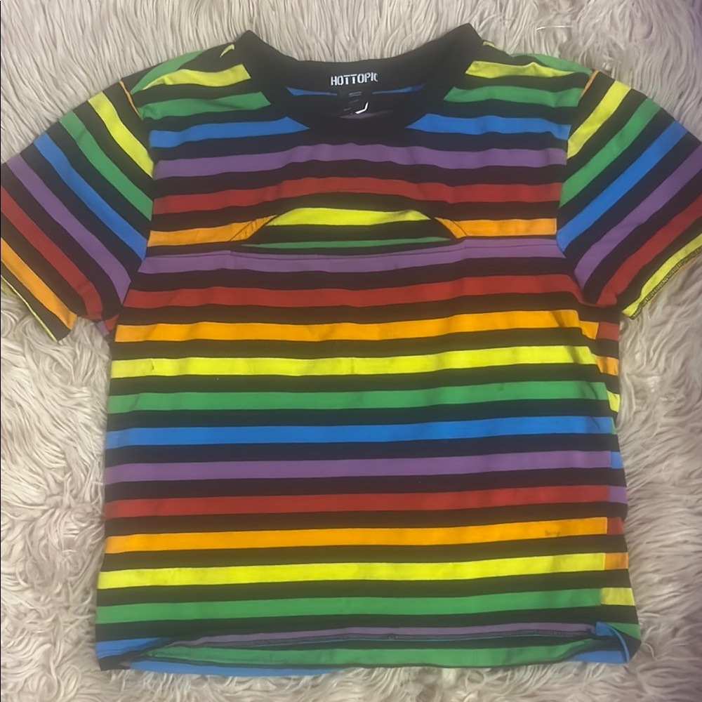 Hot Topic Y2K style multi colored Short Sleeve Tee with a cut out chest  area